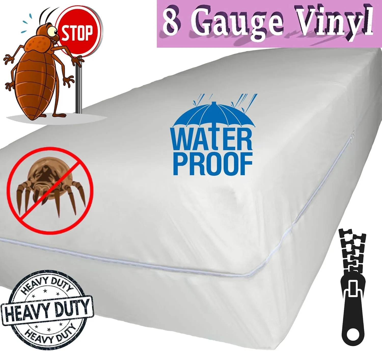 Superior Extra Heavy 8 Gauge Vinyl Mattress Protector Zippered Encasement Cover 100% Waterproof Full White