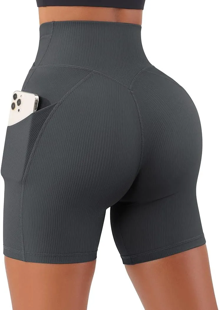 SUUKSESS Women Cross Workout Shorts with Pockets 5" High Waist Booty Biker Short