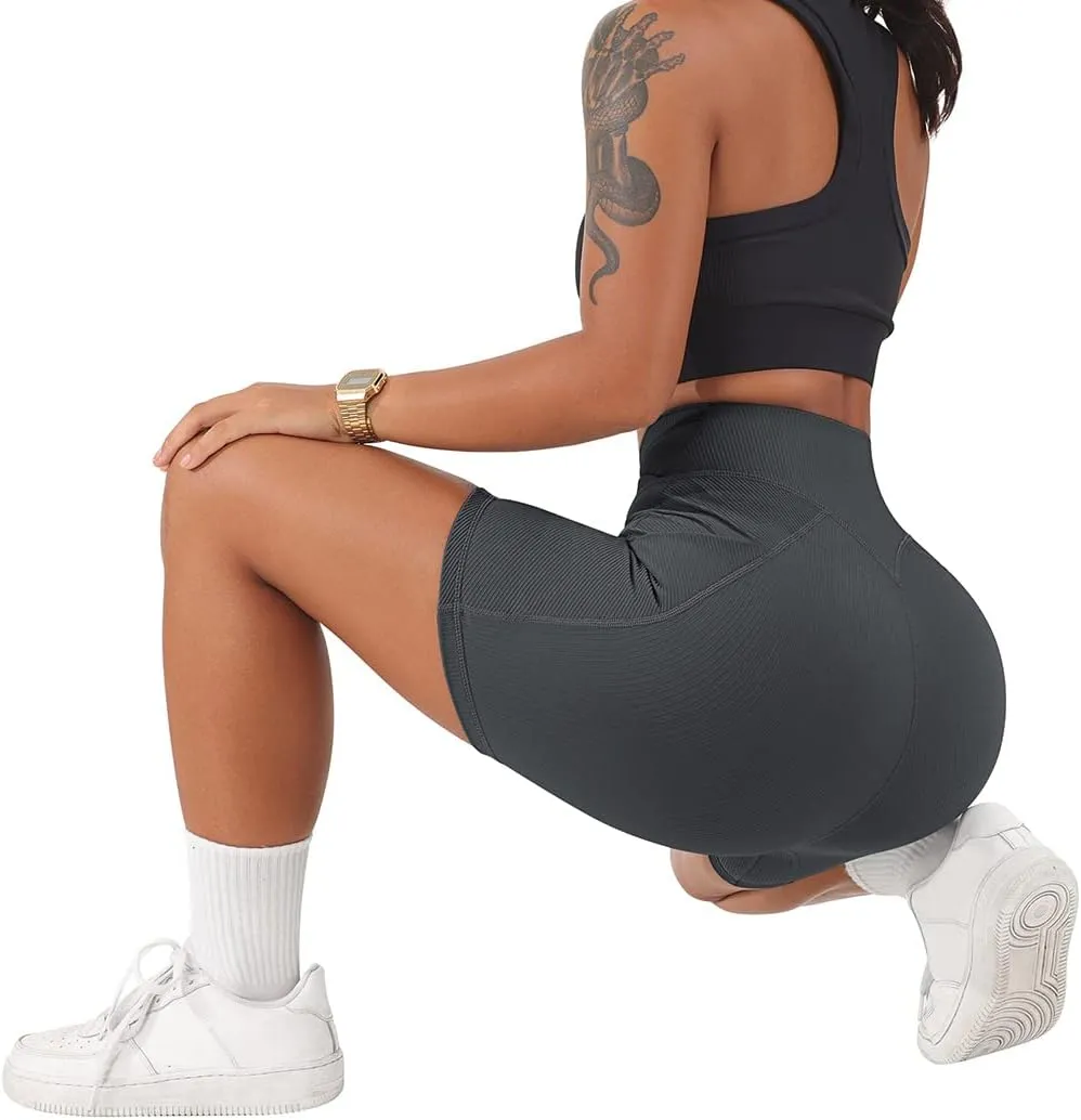 SUUKSESS Women Cross Workout Shorts with Pockets 5" High Waist Booty Biker Short