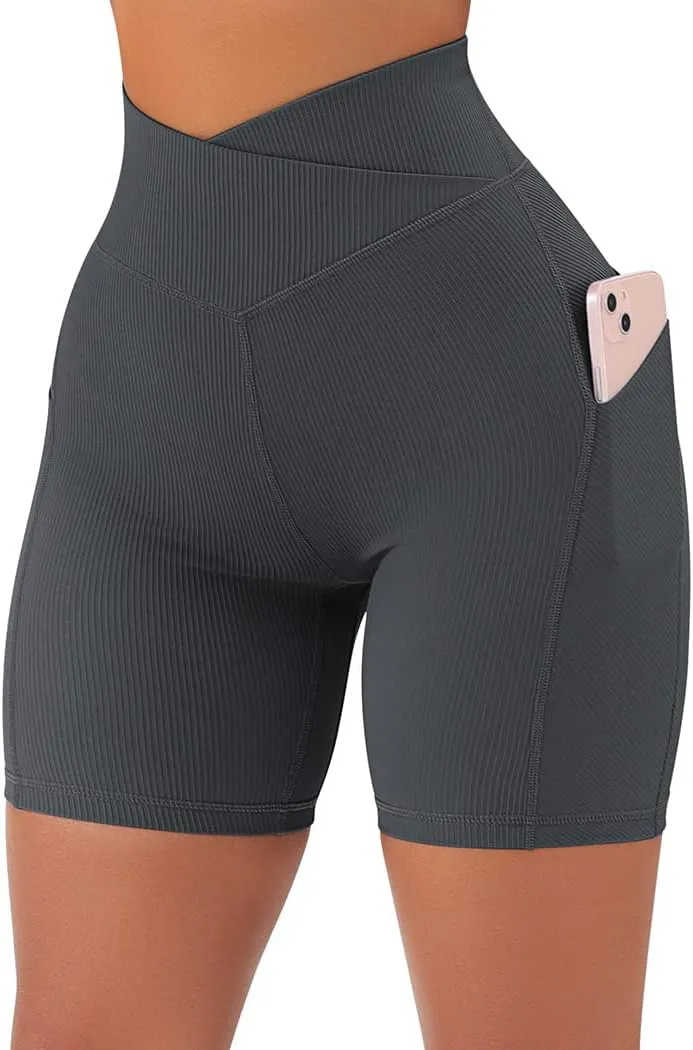 SUUKSESS Women Cross Workout Shorts with Pockets 5" High Waist Booty Biker Short