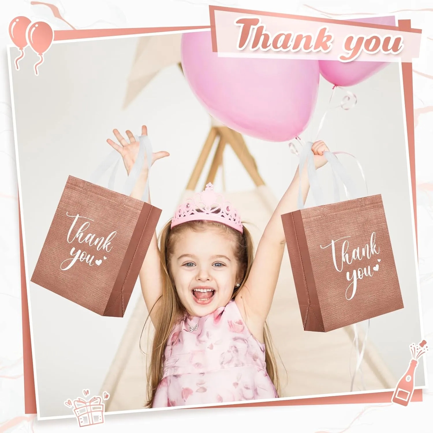 Sweetude 30 Pcs Thank You Gift Bags with Handles Bulk Reusable Goodie Bag Non Woven Foldable Handbag for Graduation Wedding Bridesmaid Gifts(10 x 8 x 4 Inch,Rose Gold)