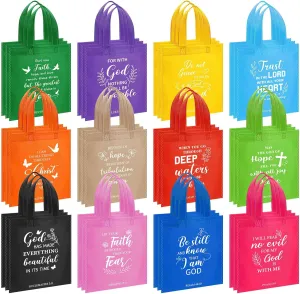 Sweetude 48 Pcs Christian Gift Bags Bulk Bible Verse Gift Bags Religious Reusable Inspirational Christian Tote with Handle(Bright Color)