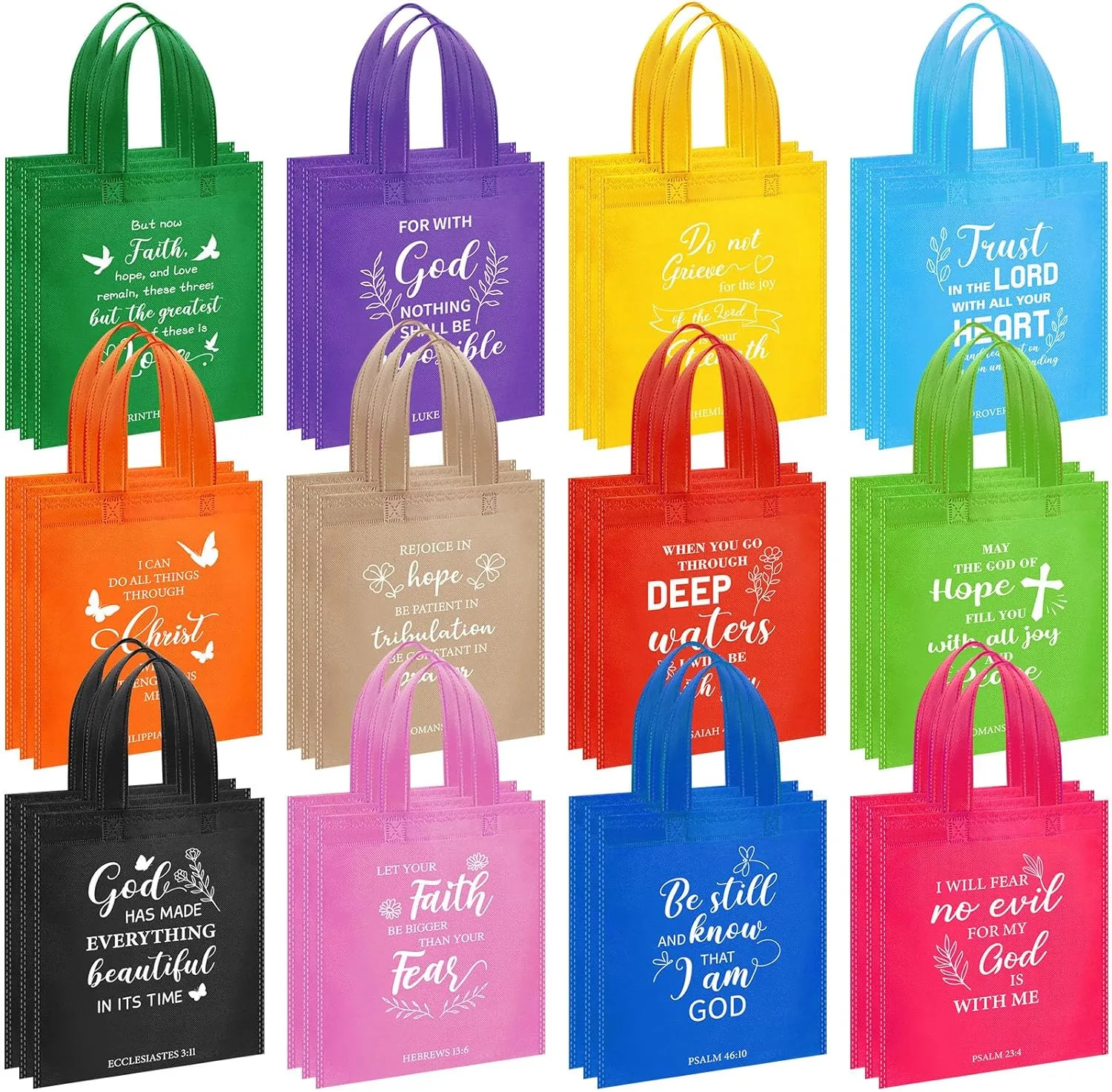 Sweetude 48 Pcs Christian Gift Bags Bulk Bible Verse Gift Bags Religious Reusable Inspirational Christian Tote with Handle(Bright Color)