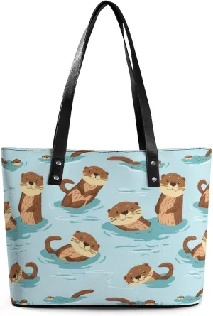 Swimming Otters in The Sea Women's Tote Shoulder Bag Handbag Top Handle Leather 29 * 34 * 14cm