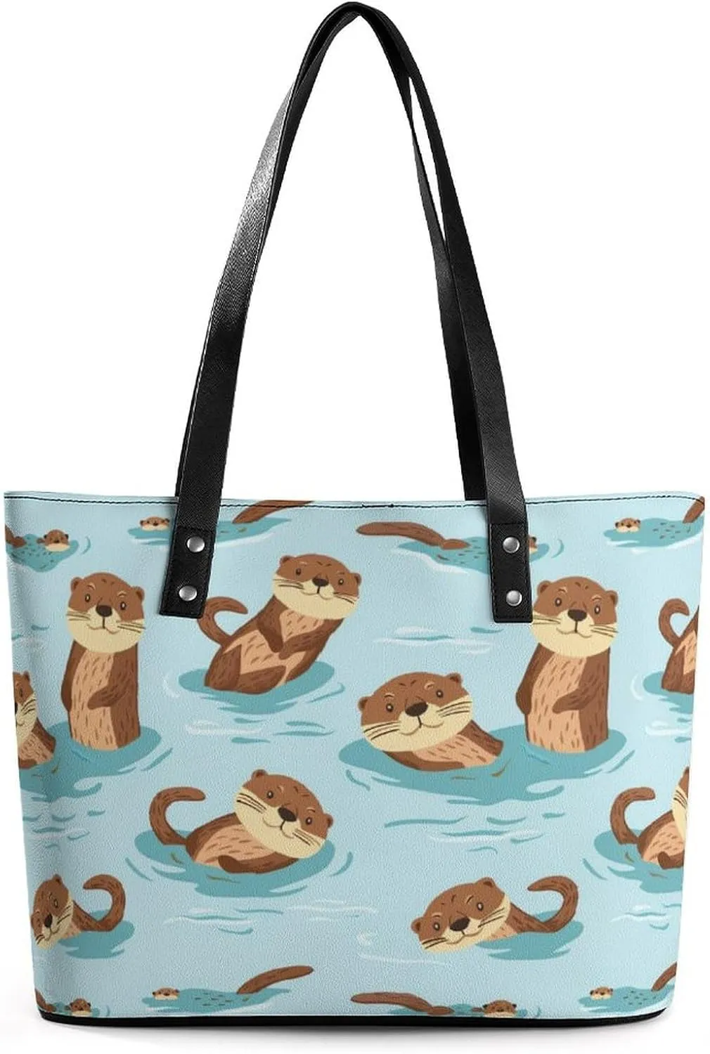 Swimming Otters in The Sea Women's Tote Shoulder Bag Handbag Top Handle Leather 29 * 34 * 14cm