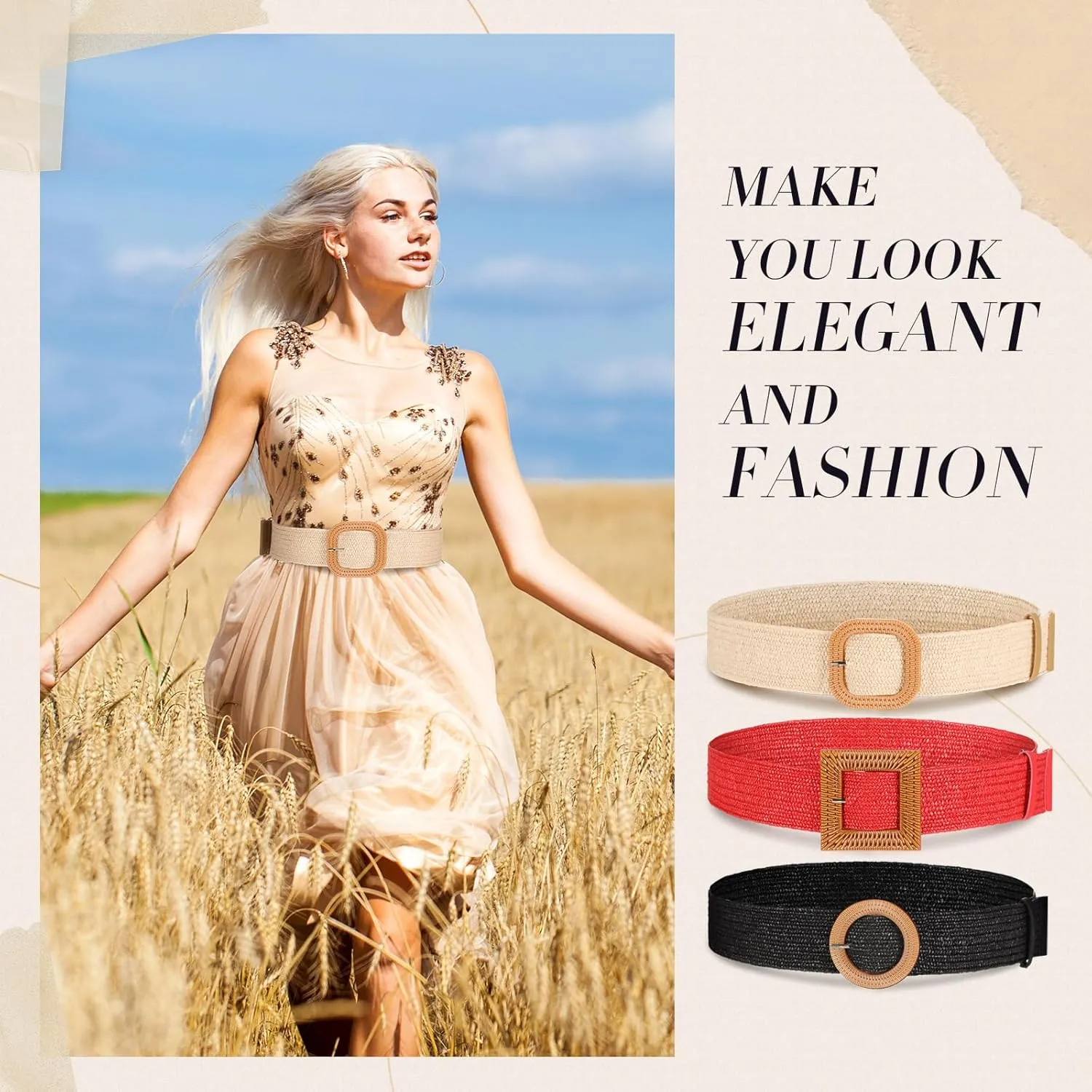 Syhood 3 Pieces Straw Woven Elastic Waist Belt for Women Bohemian Dress Braided Belt