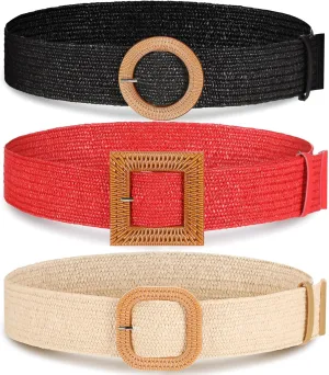 Syhood 3 Pieces Straw Woven Elastic Waist Belt for Women Bohemian Dress Braided Belt