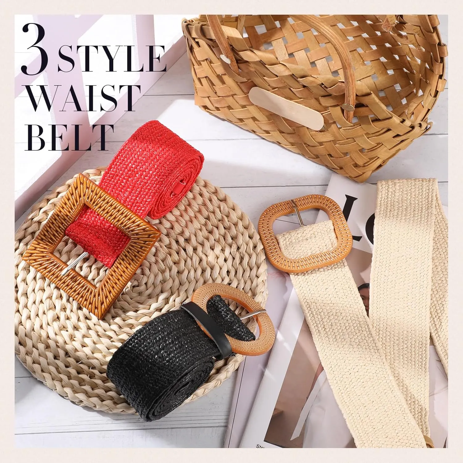 Syhood 3 Pieces Straw Woven Elastic Waist Belt for Women Bohemian Dress Braided Belt