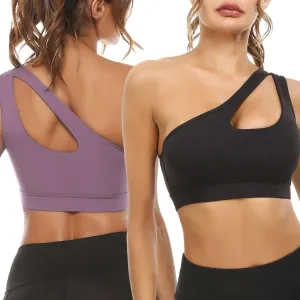 Sykooria Womens One Shoulder Sports Bras Workout Left Strap Yoga Bras Cute Medium Support Crop Tops
