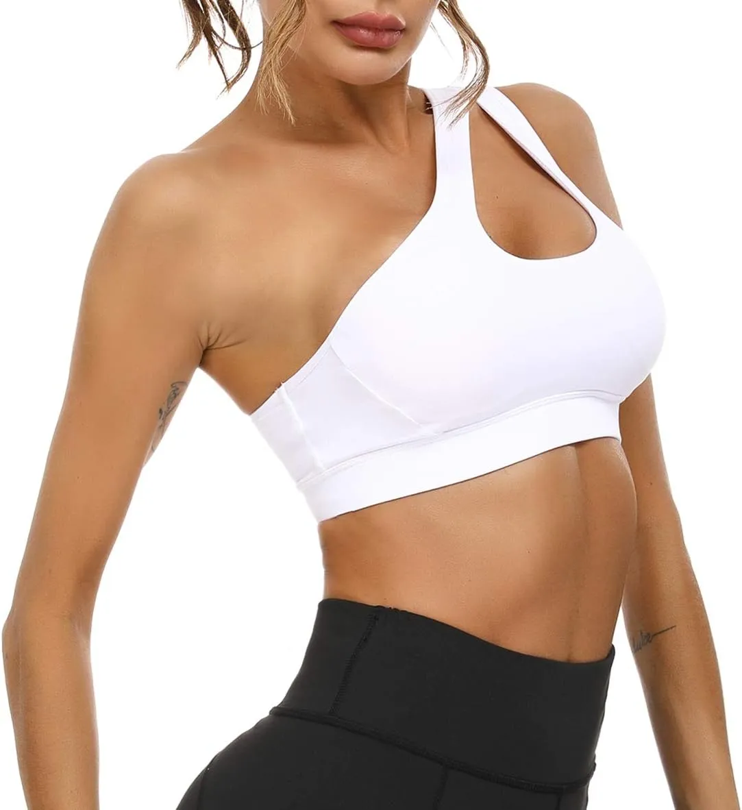 Sykooria Womens One Shoulder Sports Bras Workout Left Strap Yoga Bras Cute Medium Support Crop Tops