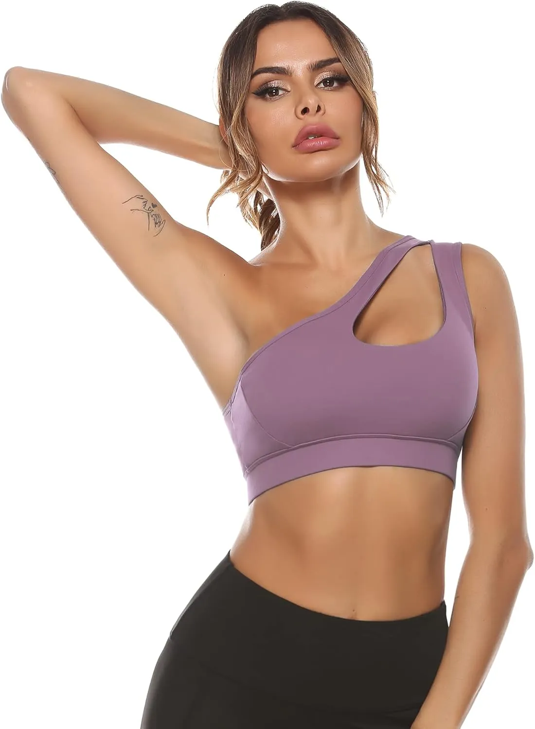 Sykooria Womens One Shoulder Sports Bras Workout Left Strap Yoga Bras Cute Medium Support Crop Tops