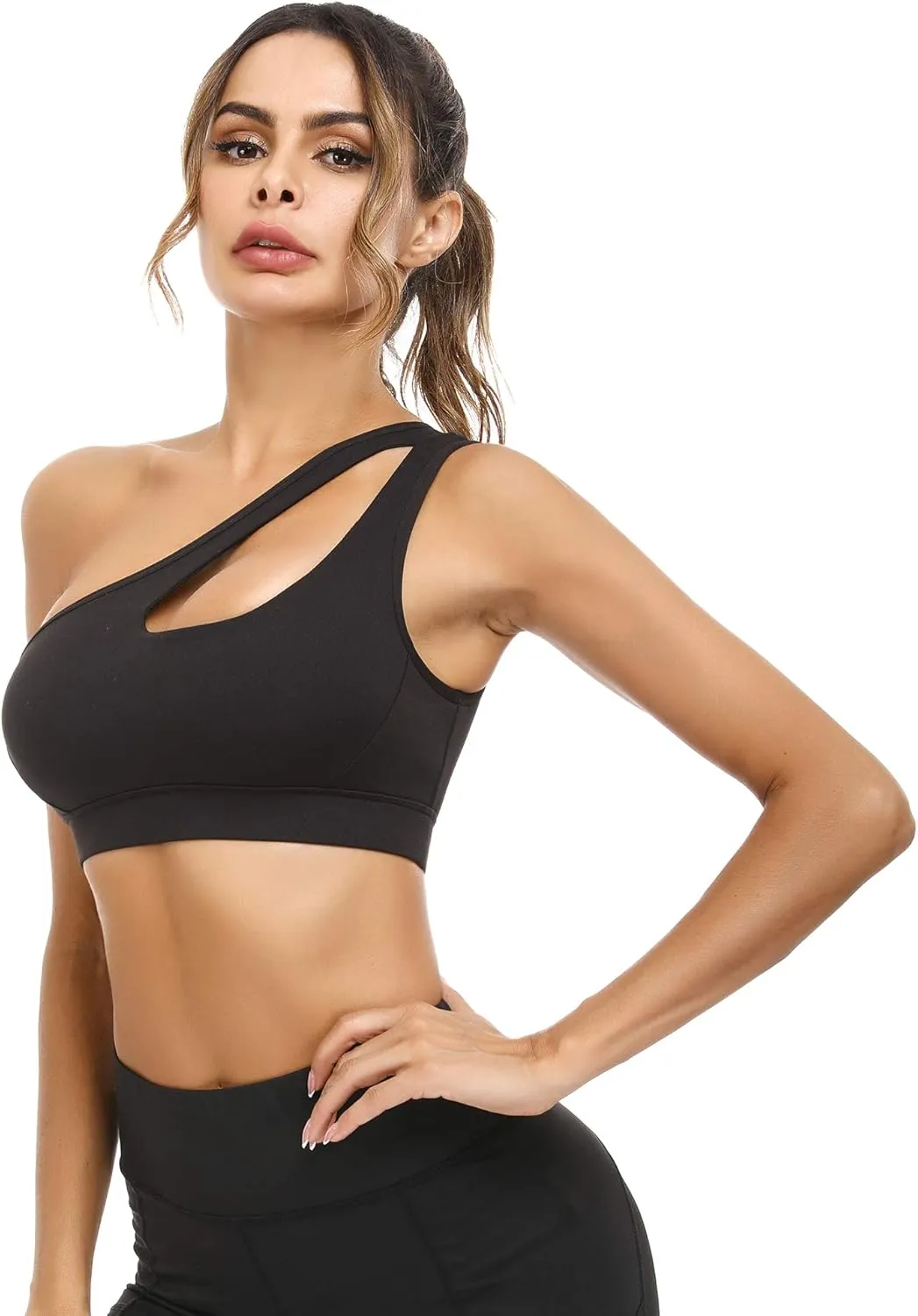 Sykooria Womens One Shoulder Sports Bras Workout Left Strap Yoga Bras Cute Medium Support Crop Tops
