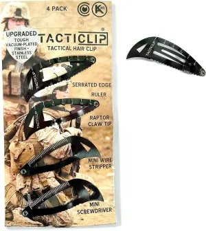 Tactical Hair Clips, 4 Pack - Black - Multitool Snap Barrettes - Laser Engraved, Vacuum Plated, Multi-Functional Keychain Multi Tool - Box Cutter, Serrated Edge, Raptor Claw
