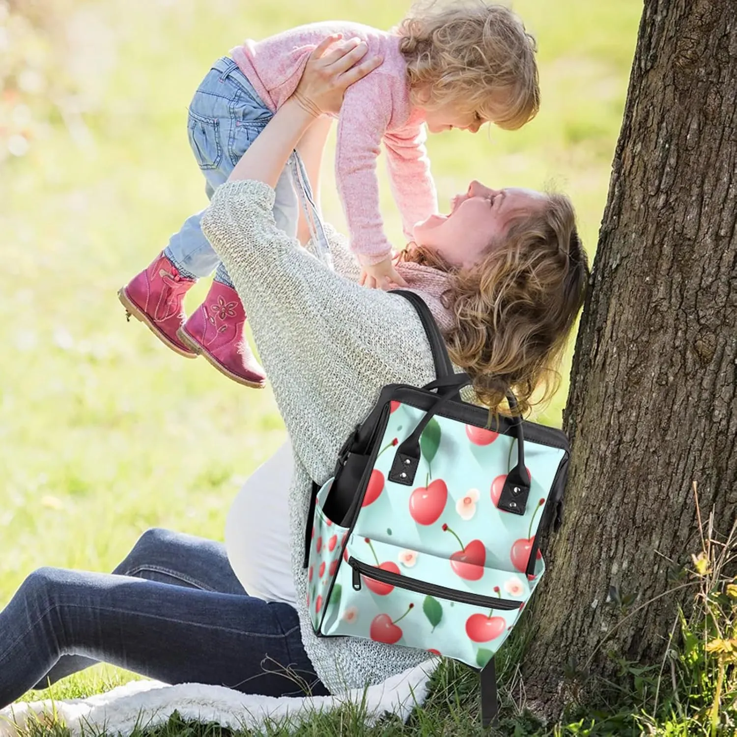 Tavisto Berry Bloom Bliss Double Shoulder Mommy Bag for Women, Polyester Large Capacity Diaper Backpack with Multi Pockets, Waterproof Adjustable Straps Diaper Bag for Moms Dads, 11''×7''×15.7''