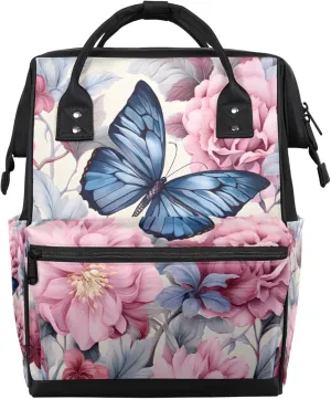 Tavisto Blue Pink Florals Double Shoulder Mommy Bag for Women, Polyester Large Capacity Diaper Backpack with Multi Pockets, Waterproof Adjustable Straps Diaper Bag for Moms Dads, 11''×7''×15.7''