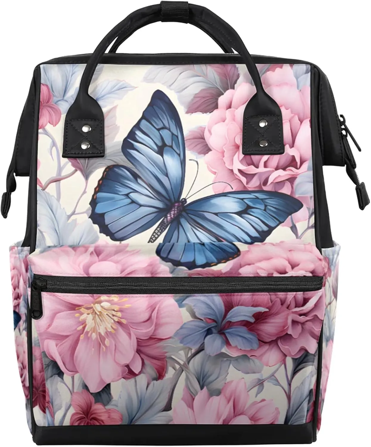 Tavisto Blue Pink Florals Double Shoulder Mommy Bag for Women, Polyester Large Capacity Diaper Backpack with Multi Pockets, Waterproof Adjustable Straps Diaper Bag for Moms Dads, 11''×7''×15.7''