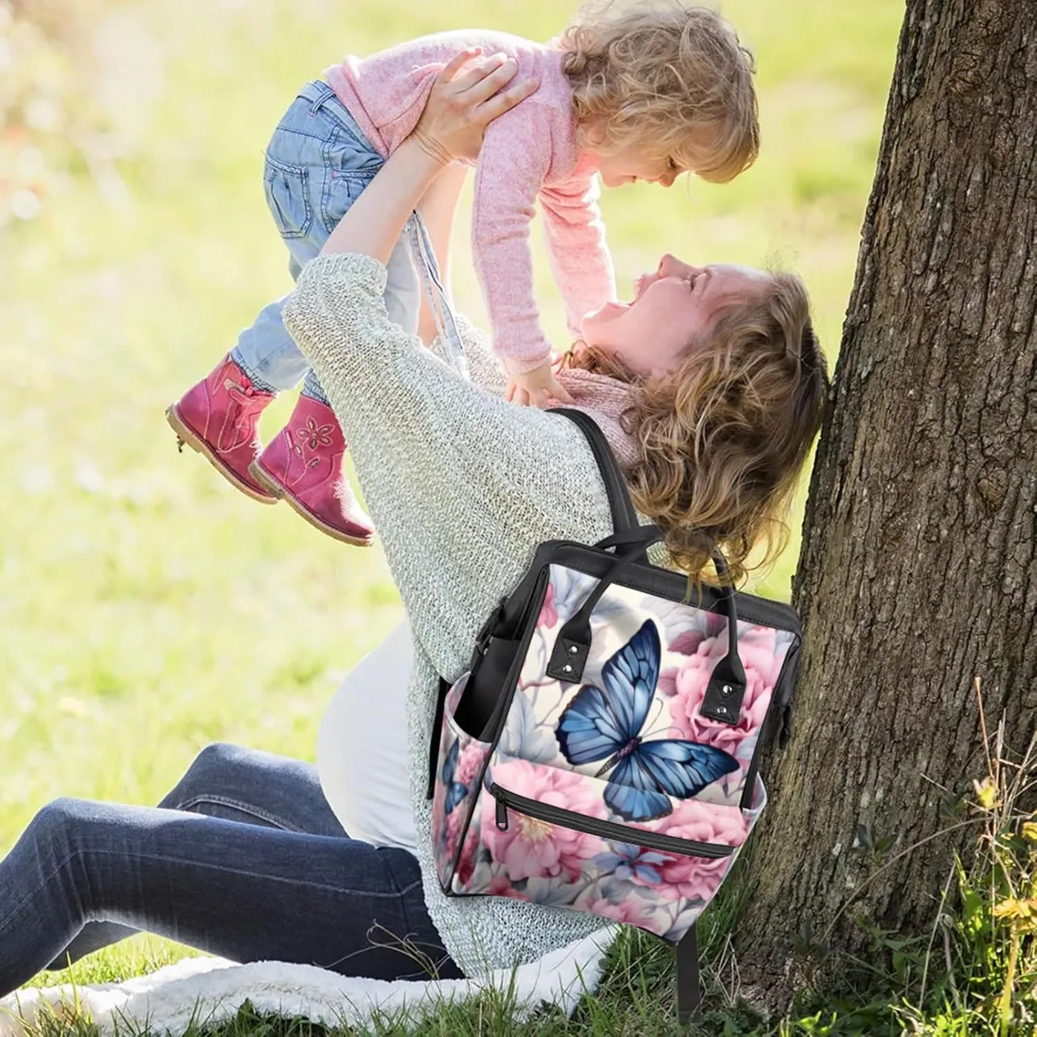 Tavisto Blue Pink Florals Double Shoulder Mommy Bag for Women, Polyester Large Capacity Diaper Backpack with Multi Pockets, Waterproof Adjustable Straps Diaper Bag for Moms Dads, 11''×7''×15.7''