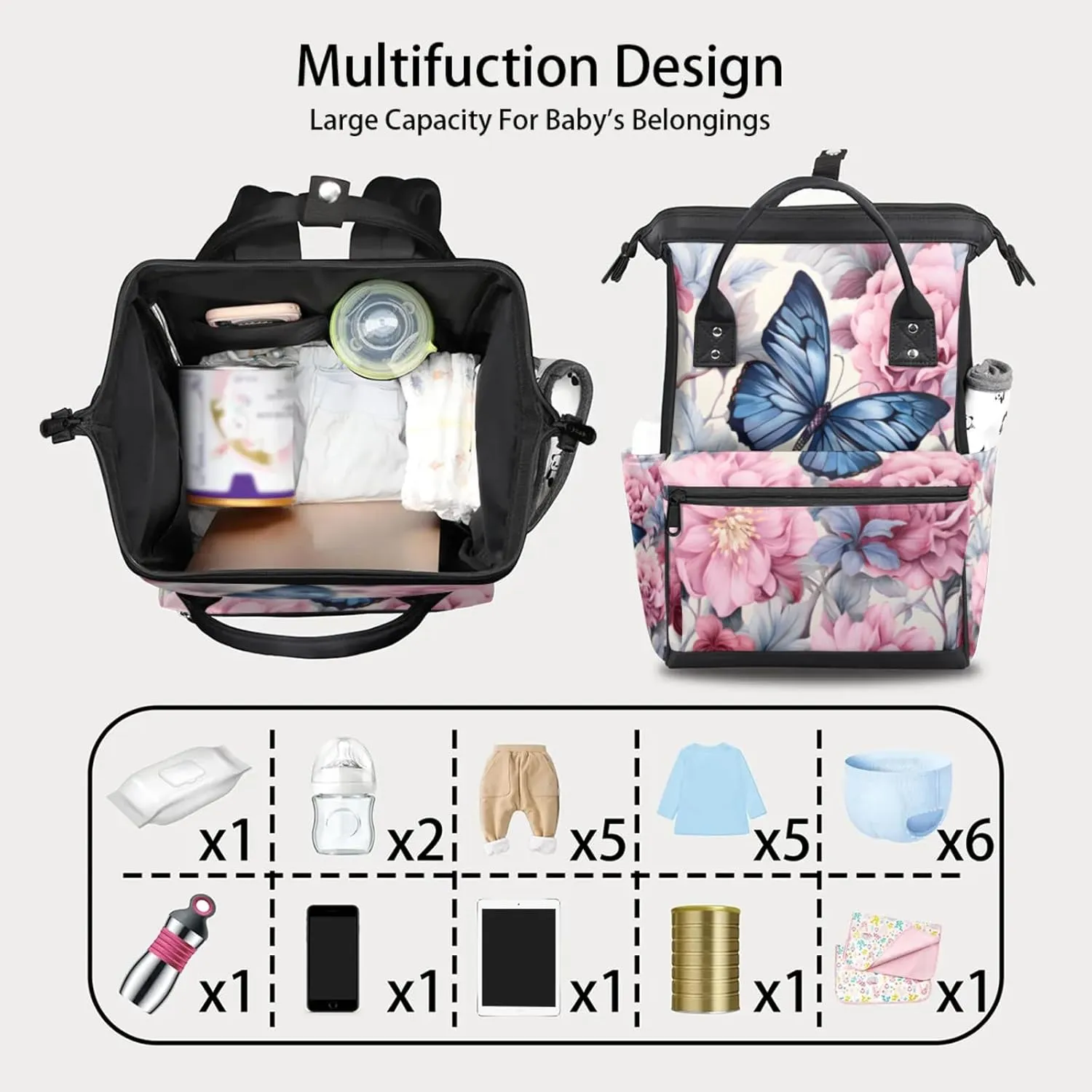 Tavisto Blue Pink Florals Double Shoulder Mommy Bag for Women, Polyester Large Capacity Diaper Backpack with Multi Pockets, Waterproof Adjustable Straps Diaper Bag for Moms Dads, 11''×7''×15.7''