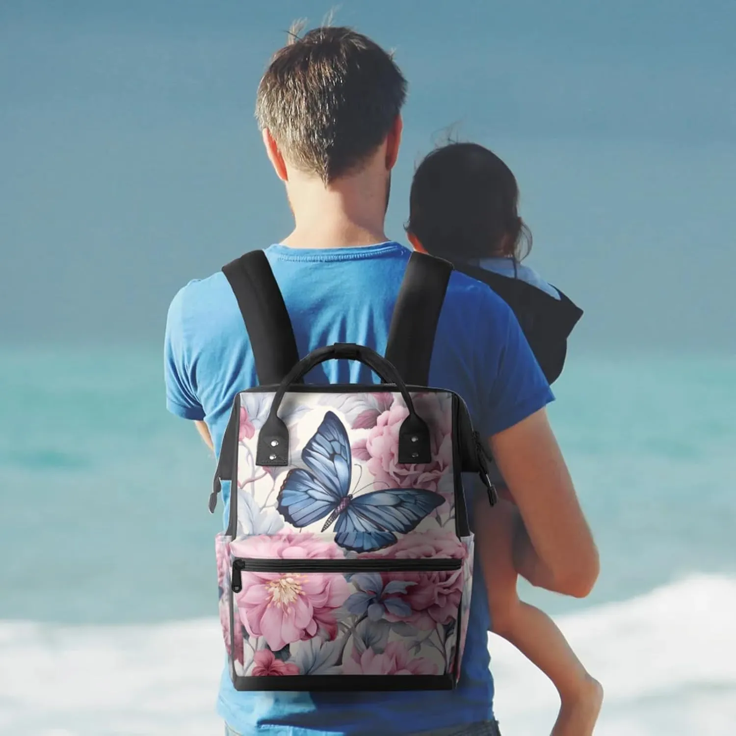 Tavisto Blue Pink Florals Double Shoulder Mommy Bag for Women, Polyester Large Capacity Diaper Backpack with Multi Pockets, Waterproof Adjustable Straps Diaper Bag for Moms Dads, 11''×7''×15.7''