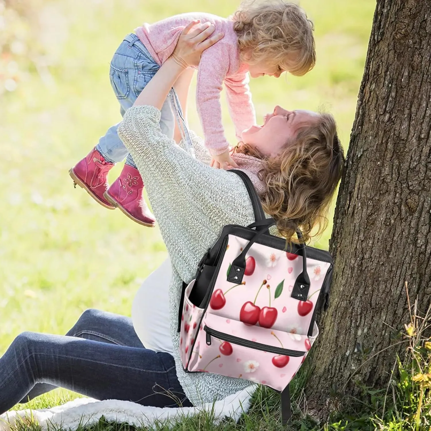 Tavisto Cherry Petal Paradise Double Shoulder Mommy Bag for Women, Polyester Large Capacity Diaper Backpack with Multi Pockets, Waterproof Adjustable Straps Diaper Bag for Moms Dads, 11''×7''×15.7''
