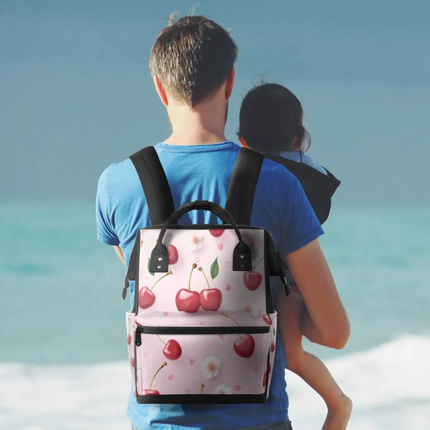 Tavisto Cherry Petal Paradise Double Shoulder Mommy Bag for Women, Polyester Large Capacity Diaper Backpack with Multi Pockets, Waterproof Adjustable Straps Diaper Bag for Moms Dads, 11''×7''×15.7''