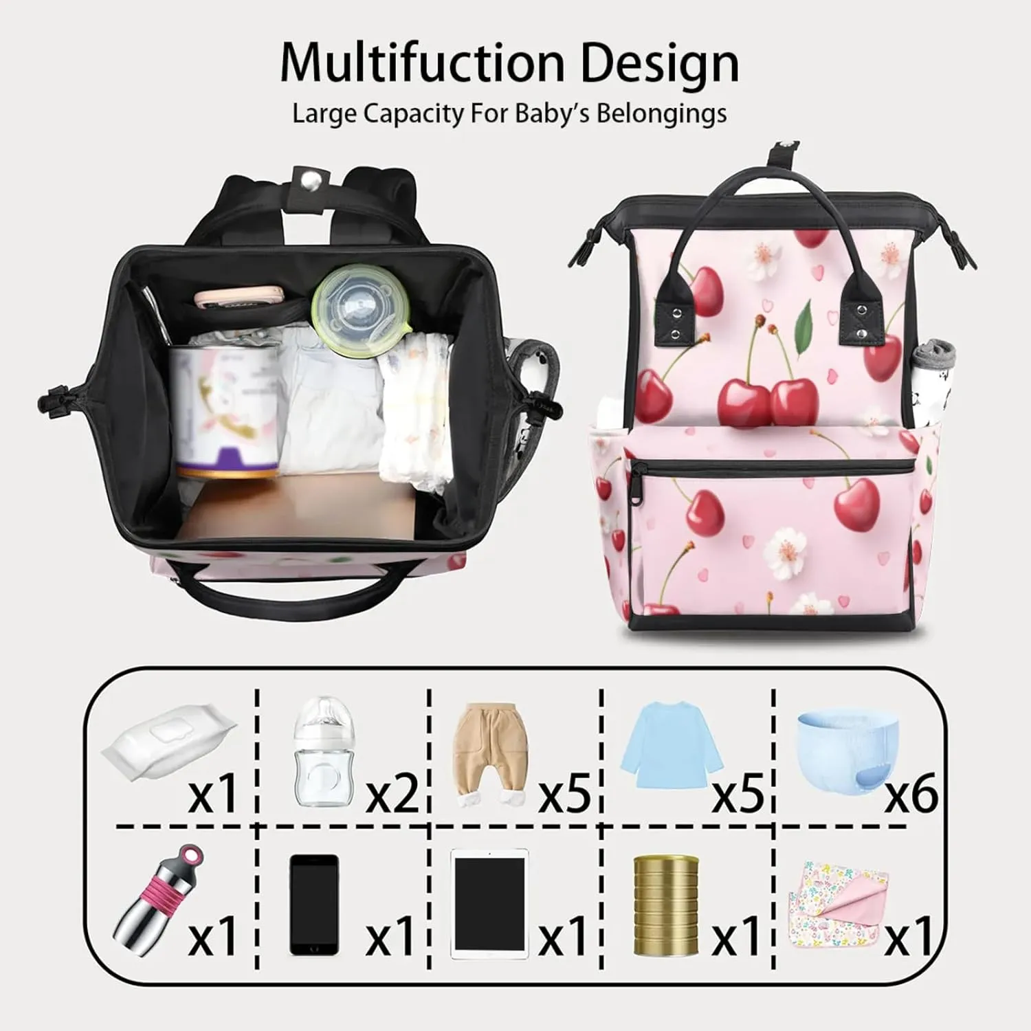 Tavisto Cherry Petal Paradise Double Shoulder Mommy Bag for Women, Polyester Large Capacity Diaper Backpack with Multi Pockets, Waterproof Adjustable Straps Diaper Bag for Moms Dads, 11''×7''×15.7''