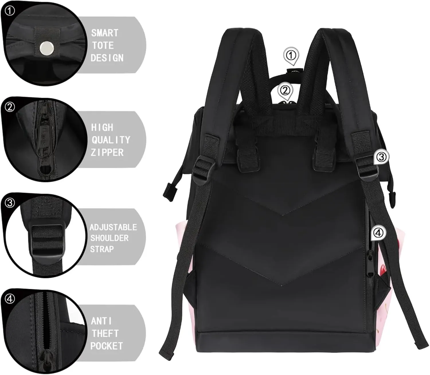 Tavisto Cherry Petal Paradise Double Shoulder Mommy Bag for Women, Polyester Large Capacity Diaper Backpack with Multi Pockets, Waterproof Adjustable Straps Diaper Bag for Moms Dads, 11''×7''×15.7''