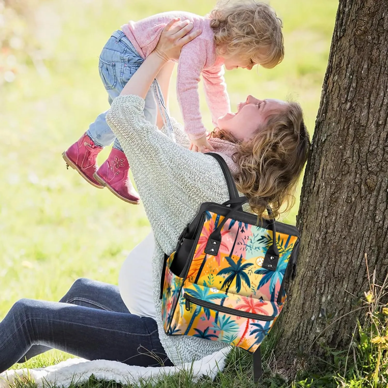 Tavisto Colorful Nature Double Shoulder Mommy Bag for Women, Polyester Large Capacity Diaper Backpack with Multi Pockets, Waterproof Adjustable Straps Diaper Bag for Moms Dads, 11''×7''×15.7''