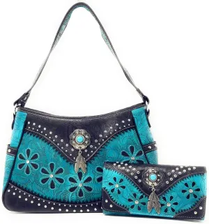 Texas West Western Tooled Leather Laser Cut Concealed Carry Feather Country Shoulder Handbag Wallet in 4 colors