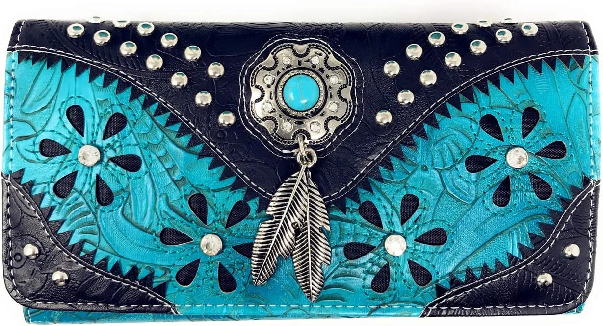 Texas West Western Tooled Leather Laser Cut Concealed Carry Feather Country Shoulder Handbag Wallet in 4 colors