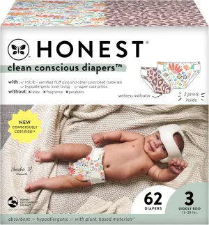 The Honest Company Clean Conscious Diapers for Sensitive Skin | Hypoallergenic, Fragrance Free | Girl Prints | Club Box, Size 3 (16-28 lbs), 62 Count (Prints May Temporarily Vary)