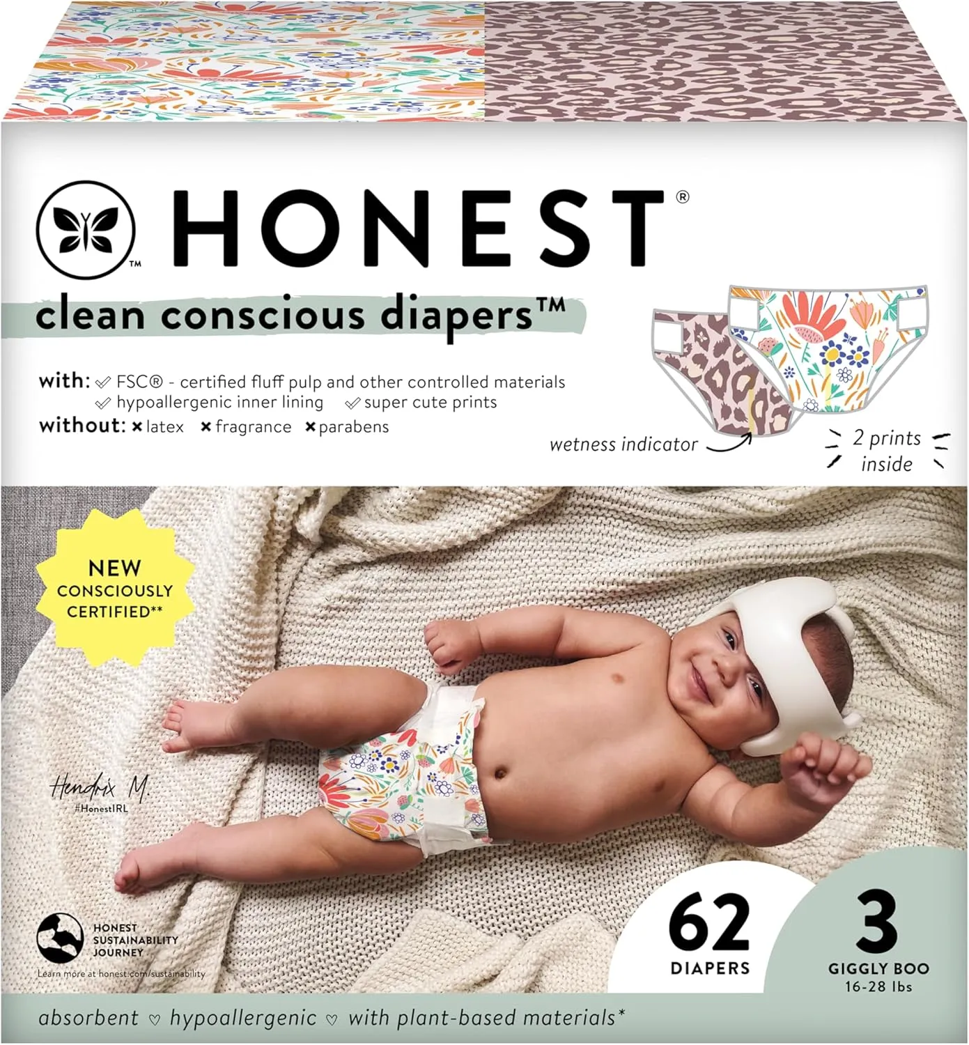 The Honest Company Clean Conscious Diapers for Sensitive Skin | Hypoallergenic, Fragrance Free | Girl Prints | Club Box, Size 3 (16-28 lbs), 62 Count (Prints May Temporarily Vary)