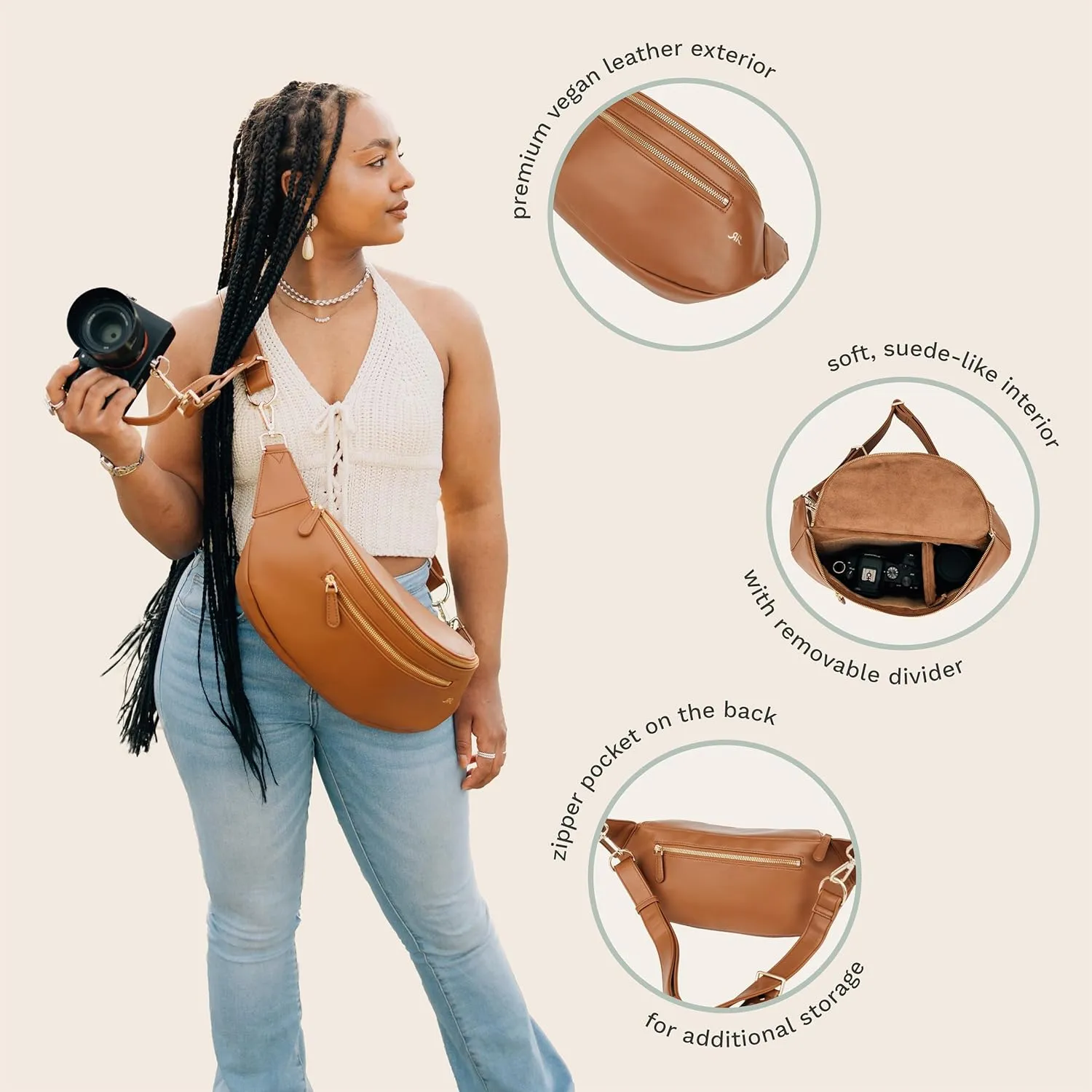 The Sidekick Camera Bag – Compact, Vegan Leather, Hands-Free Crossbody with Protective Suede Interior, Brown
