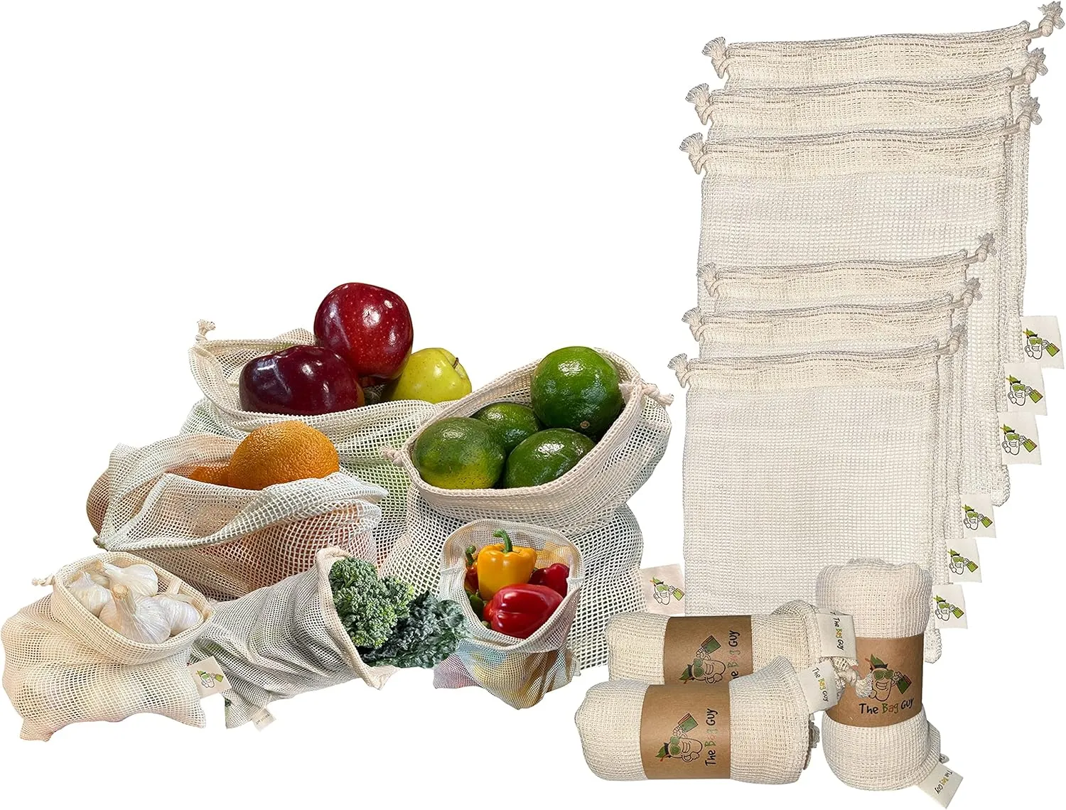 TheBagGuy - Organic Cotton Mesh Bags | Reusable Vegetable Produce Bags | Multipurpose Biodegradable Zero Waste Grocery Bag | Washable | Food Safe | Drawstring Closure | Quality Double Stitched(6 Pack)