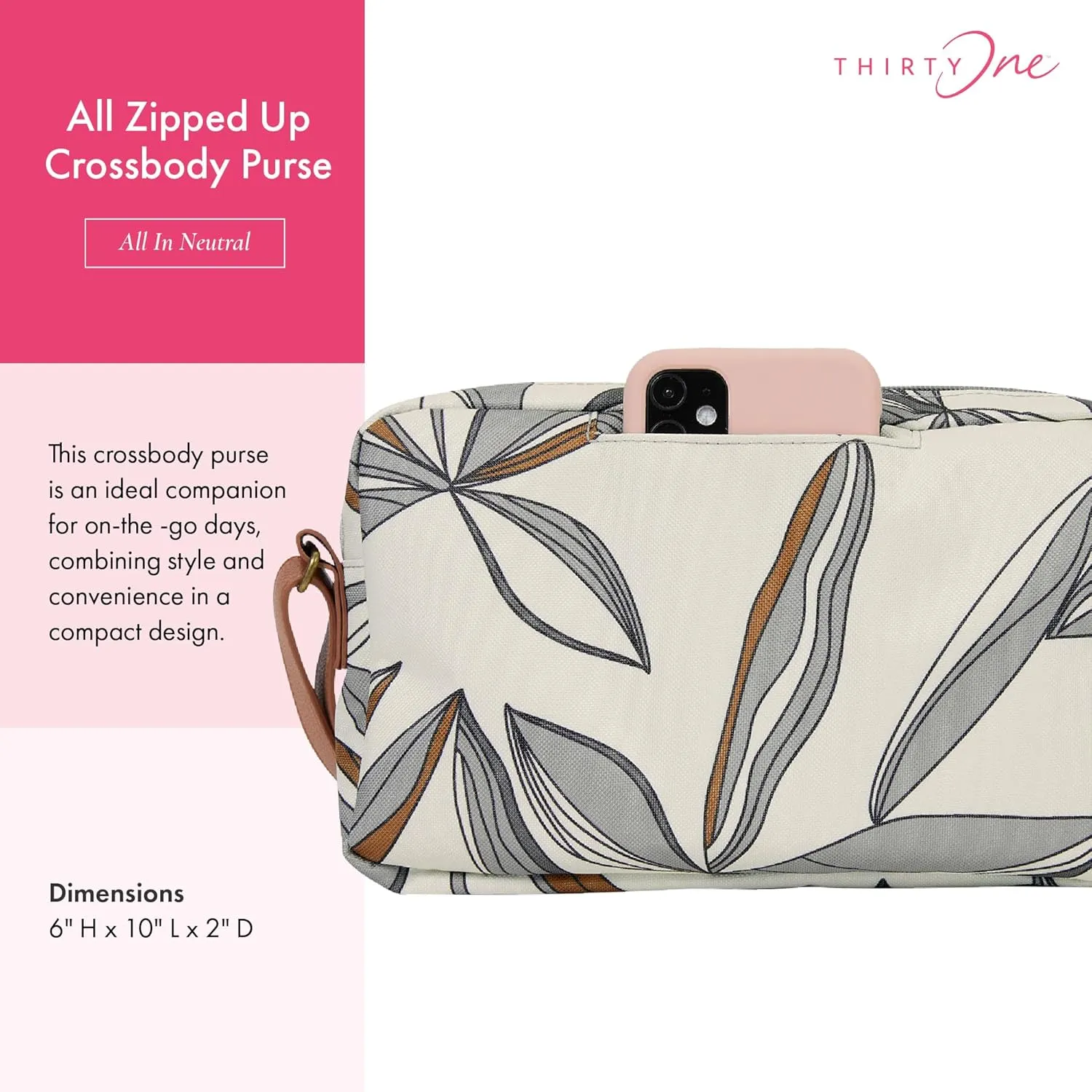 THIRTY-ONE Gifts All Zipped Up Crossbody Purse, Zipper-Top Crossbody Bag for Women