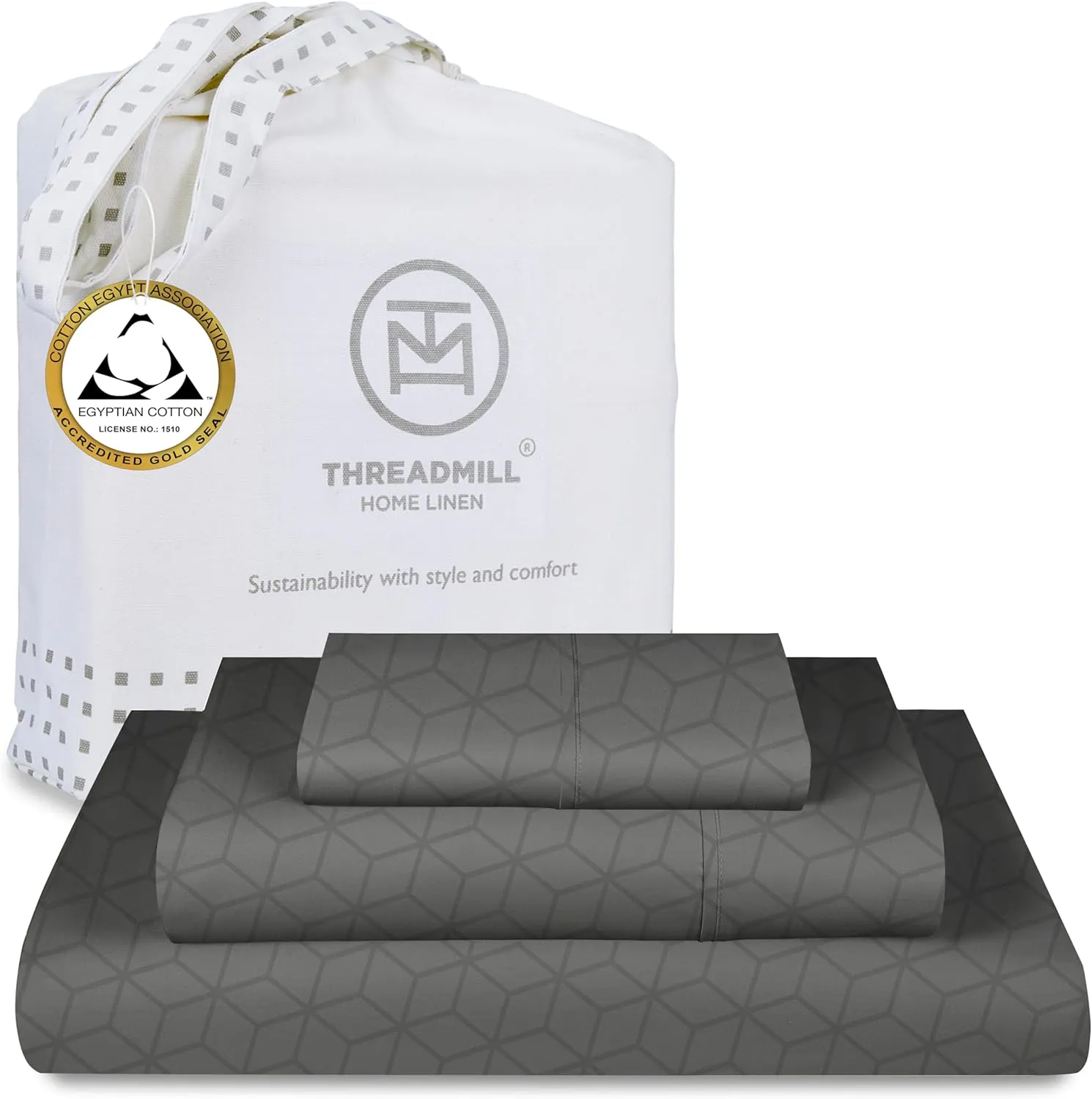 Threadmill Egyptian Cotton Twin XL Sheet Set | 100% Certified Egyptian Cotton Sheets for Twin XL Size Bed | Damask Jacquard Twin XL Bed Sheets Deep Pocket | Soft 3 Pc Cooling Sheet Set | Dark Grey