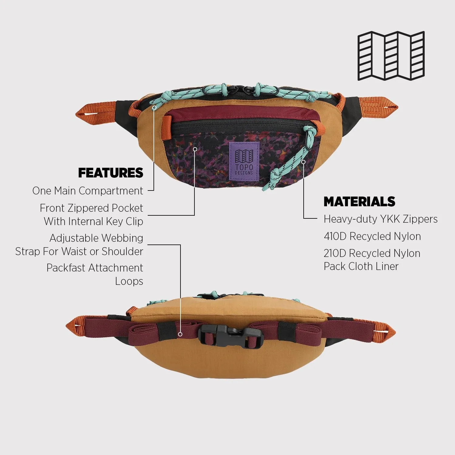 Topo Designs Mountain Waist Pack, Hip Bag, 100% Recycled Nylon Construction, 2L capacity, YKK Zips