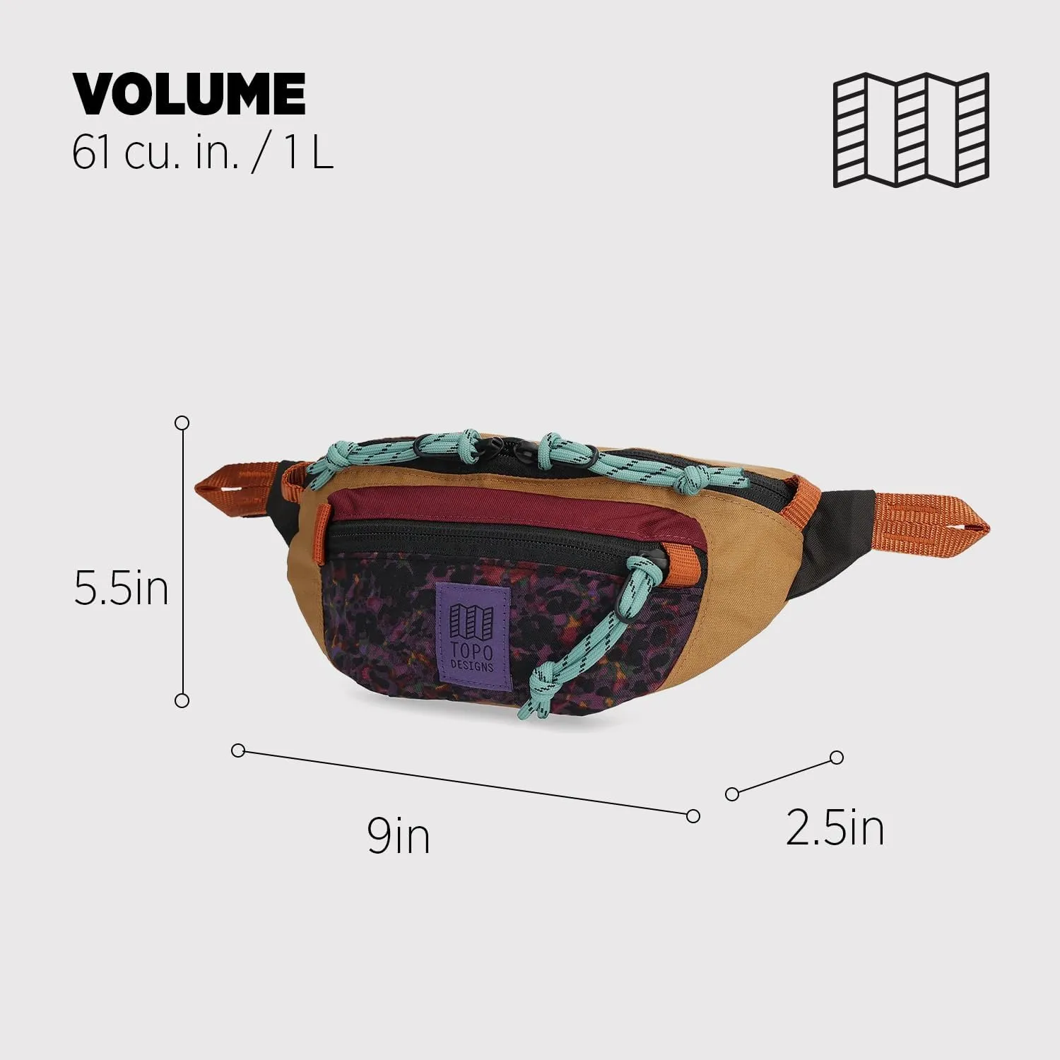 Topo Designs Mountain Waist Pack, Hip Bag, 100% Recycled Nylon Construction, 2L capacity, YKK Zips