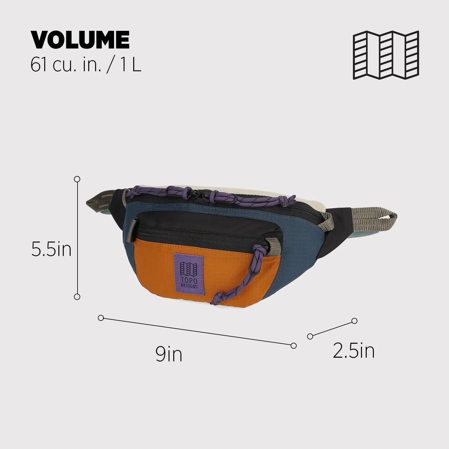 Topo Designs Mountain Waist Pack, Hip Bag, 100% Recycled Nylon Construction, 2L capacity, YKK Zips
