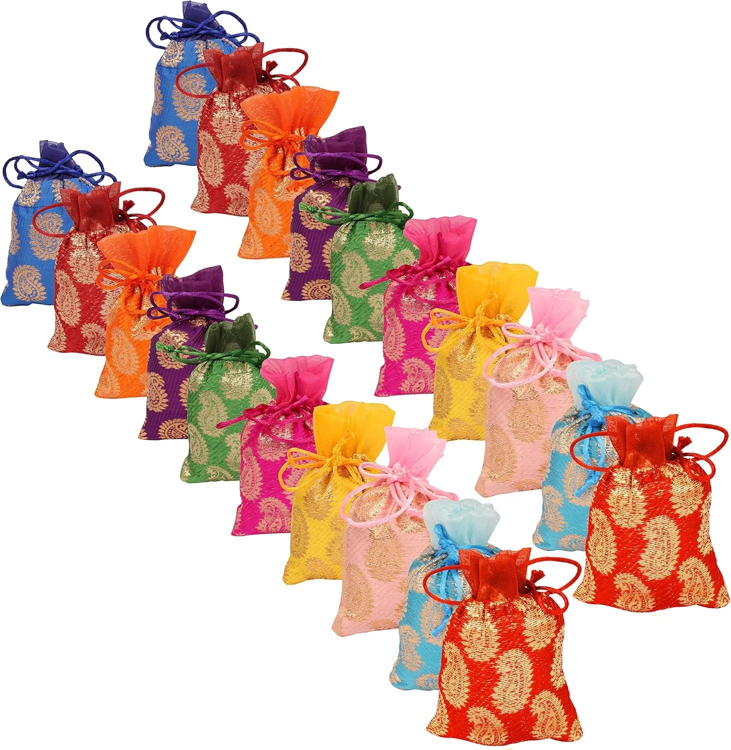 Touchstone Gorgeous Gift Wrapping bags reusable environment friendly Large Drawstring Paisley Brocade for birthdays, wedding, return present packing set. pack of 20. 4.5x3.5 inches.