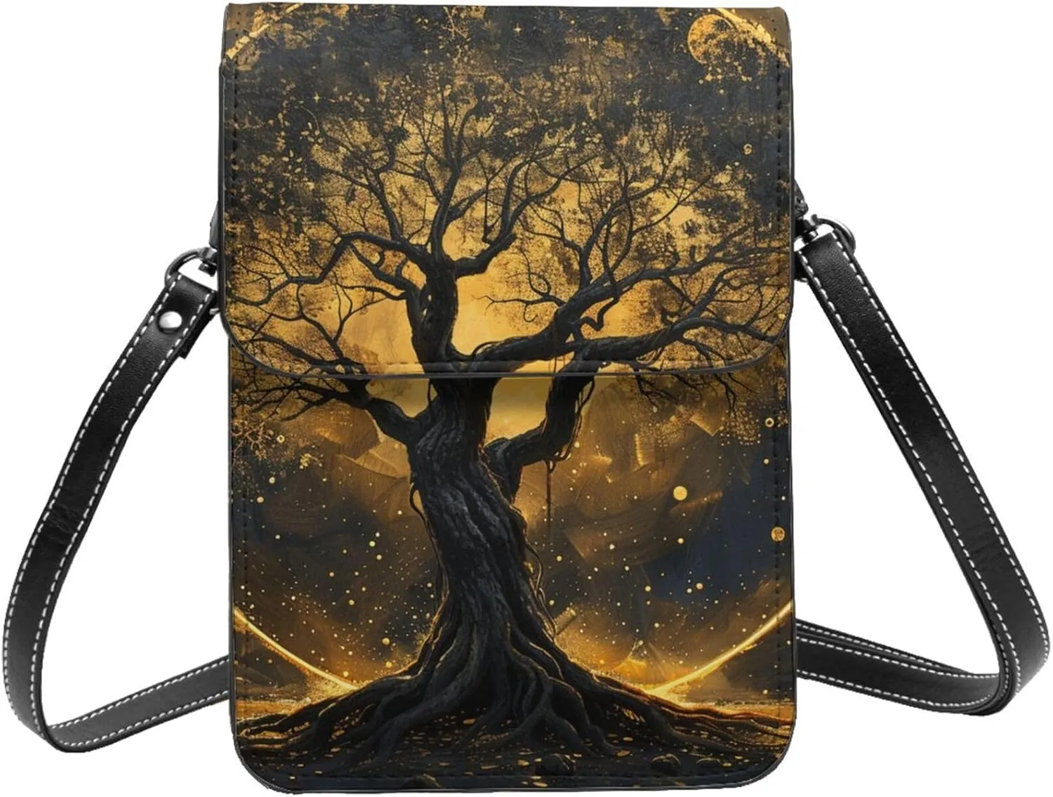 Tree Of Life Myth Beautiful Black And Gold Crossbody Cell Phone Purse For Women Teen Girls Leather Small Crossbody Bag Mini Phone Pouch Purse, 7.5x5.3 Inches