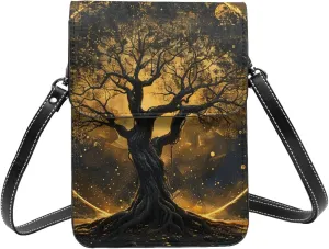Tree Of Life Myth Beautiful Black And Gold Crossbody Cell Phone Purse For Women Teen Girls Leather Small Crossbody Bag Mini Phone Pouch Purse, 7.5x5.3 Inches