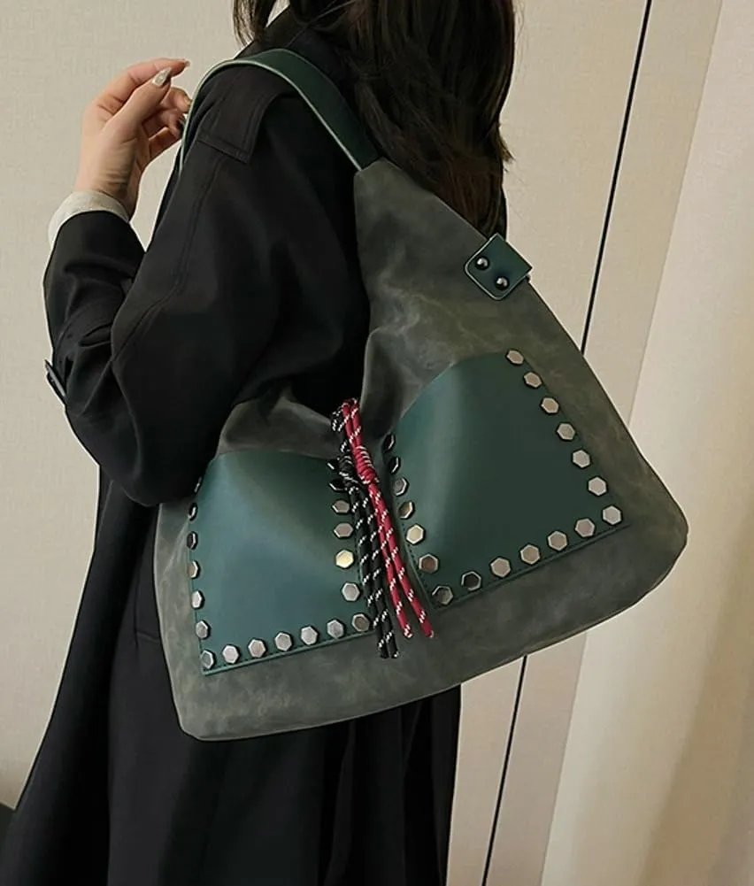 Trendy Suede Shoulder Bag for Women Large Y2k Rivet Crossbody Tote Purse Working Handbags Top Handle Satchel