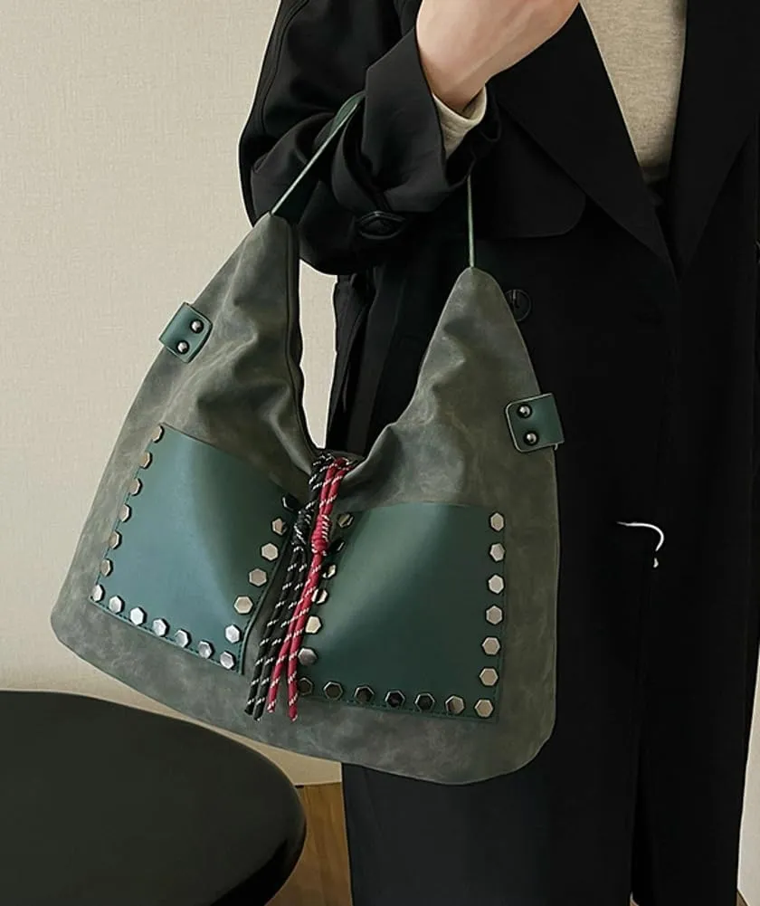 Trendy Suede Shoulder Bag for Women Large Y2k Rivet Crossbody Tote Purse Working Handbags Top Handle Satchel