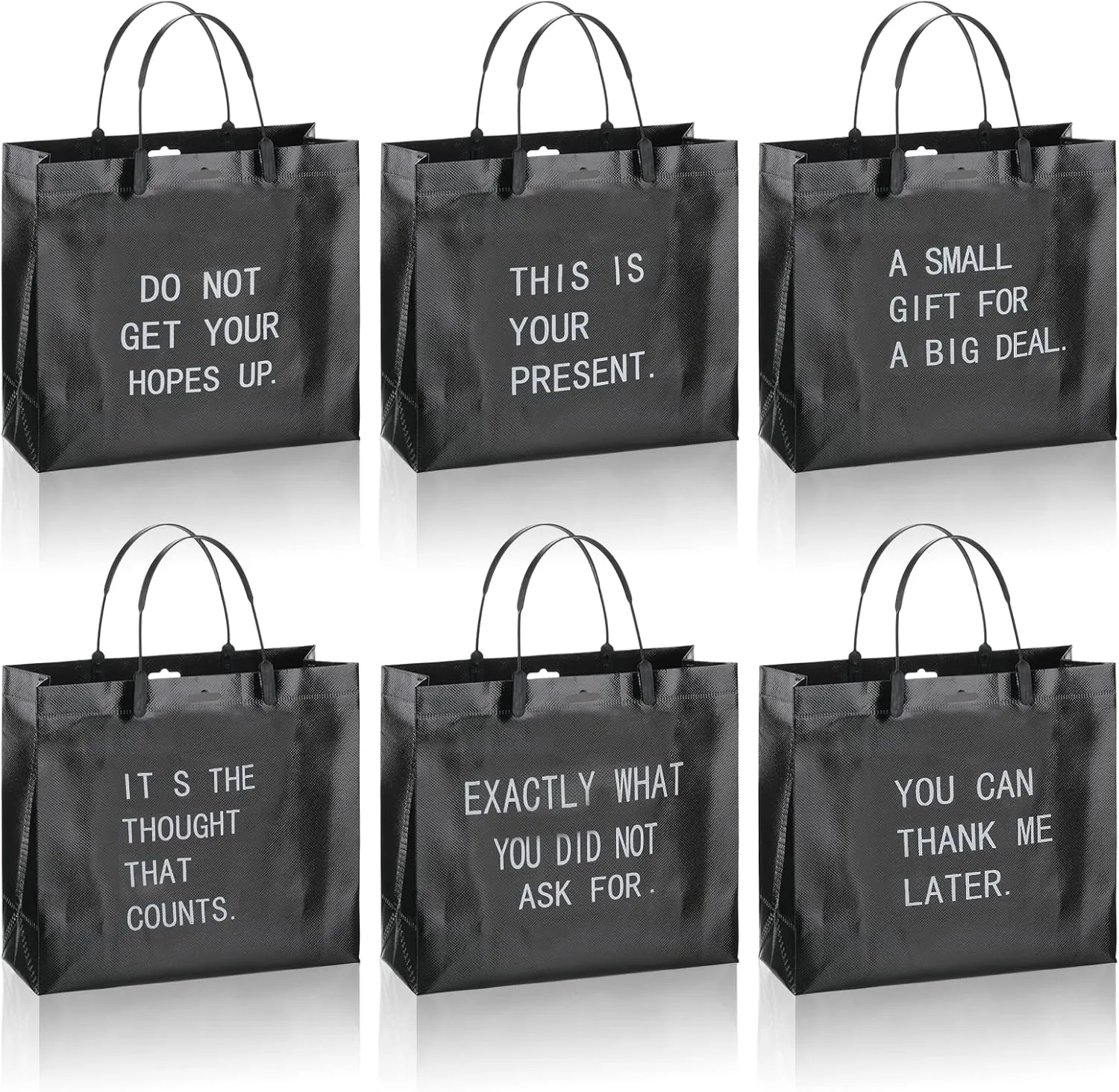 Tudomro 12 Pcs Funny Black Gift Bags Set with Handles Glossy Reusable Gift Bags Tote Bags Non Woven Grocery Shopping Cloth Bag for Christmas Birthday Wedding Party Anniversary, 9.8 x 9 x 3.9 Inch (Funny)