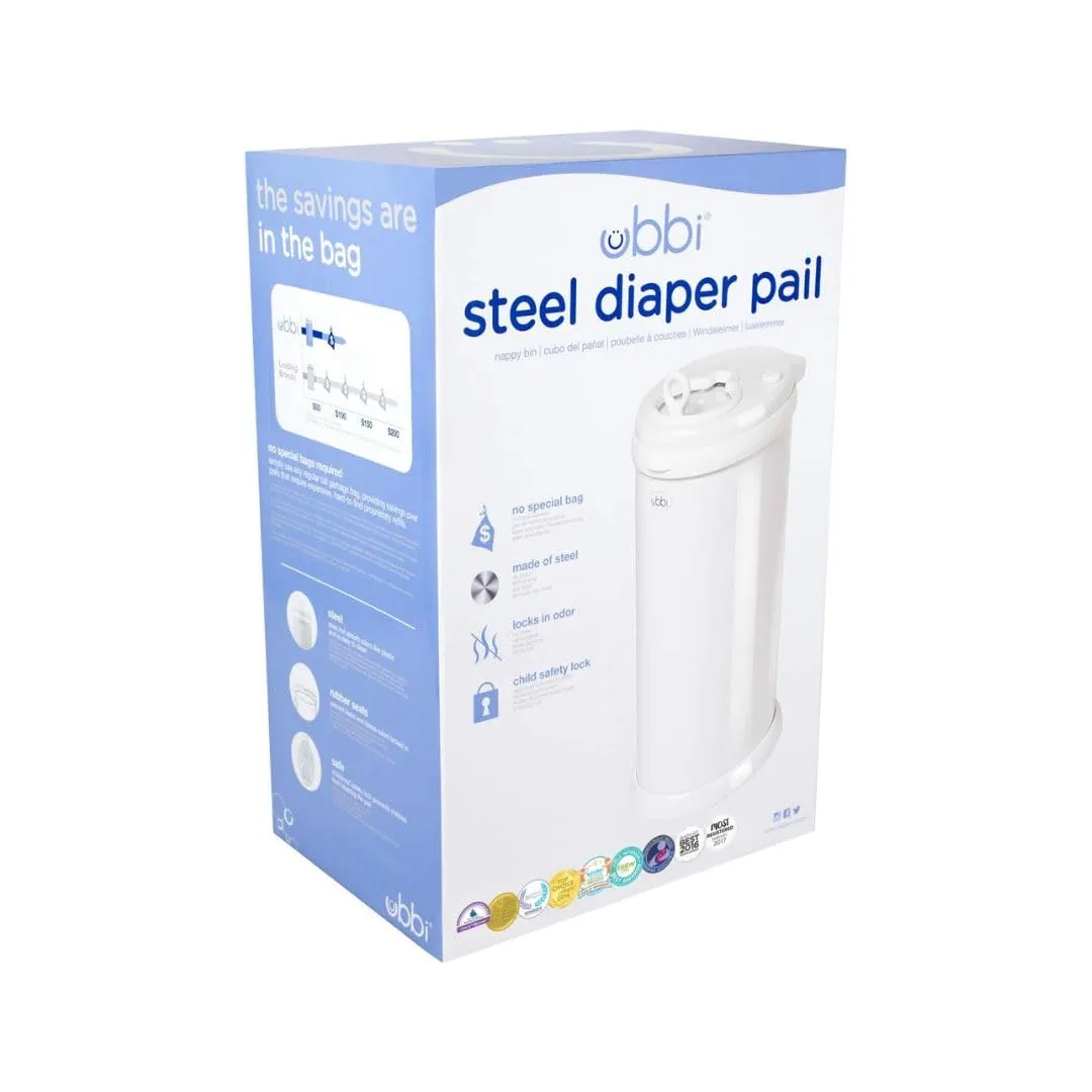 Ubbi Steel Diaper Pail, Odor Locking, No Special Bag Required, Award-Winning, Registry Must-Have, White
