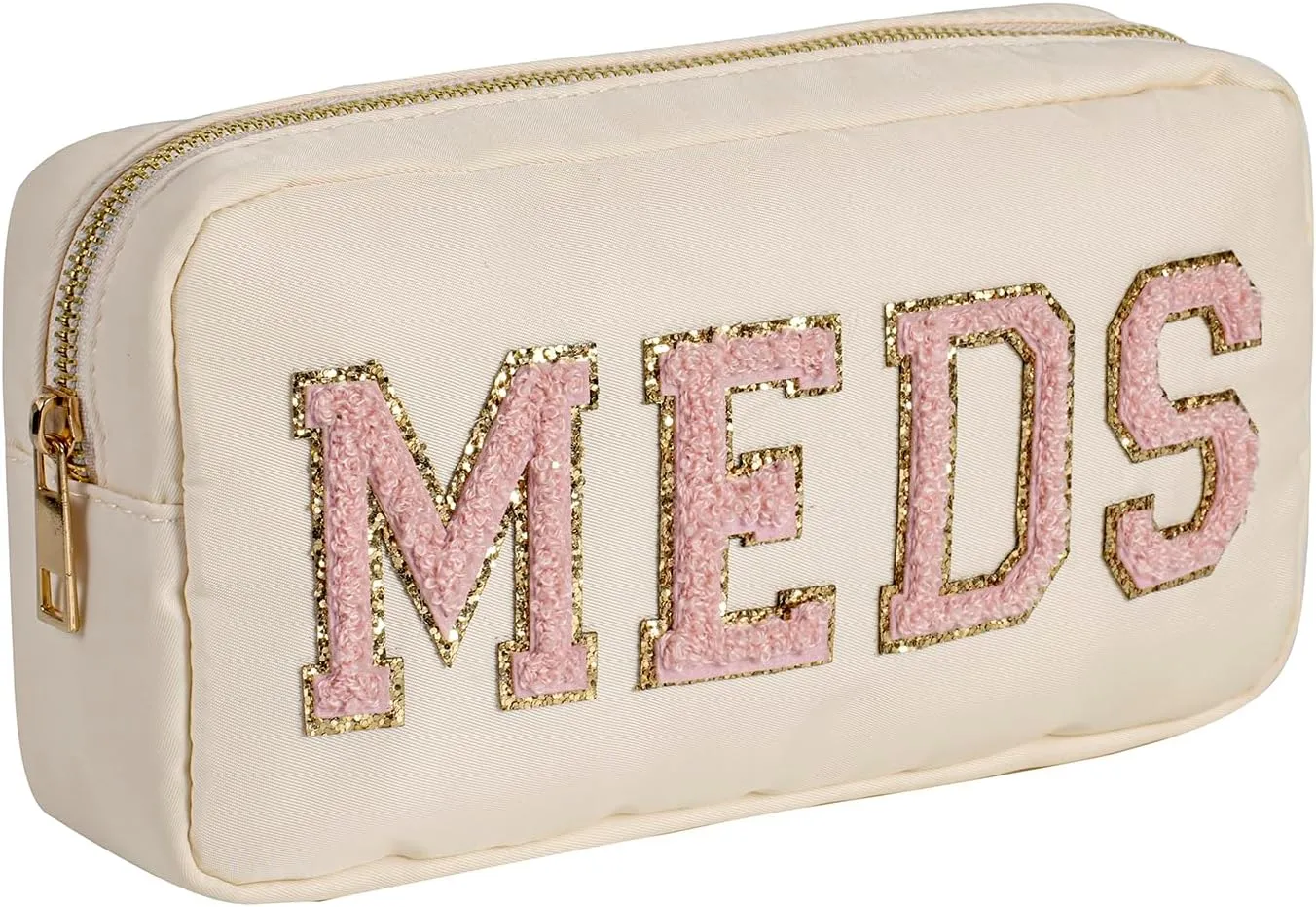 uekeboag Personalized Chenille Letter Patch MEDS Bag,Cute Nylon Drug Medicine Travel Makeup Bag with Zipper, Preppy Vitamin Organizer Bag for Women and Girls (02Beige-Pink)