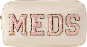 uekeboag Personalized Chenille Letter Patch MEDS Bag,Cute Nylon Drug Medicine Travel Makeup Bag with Zipper, Preppy Vitamin Organizer Bag for Women and Girls (02Beige-Pink)