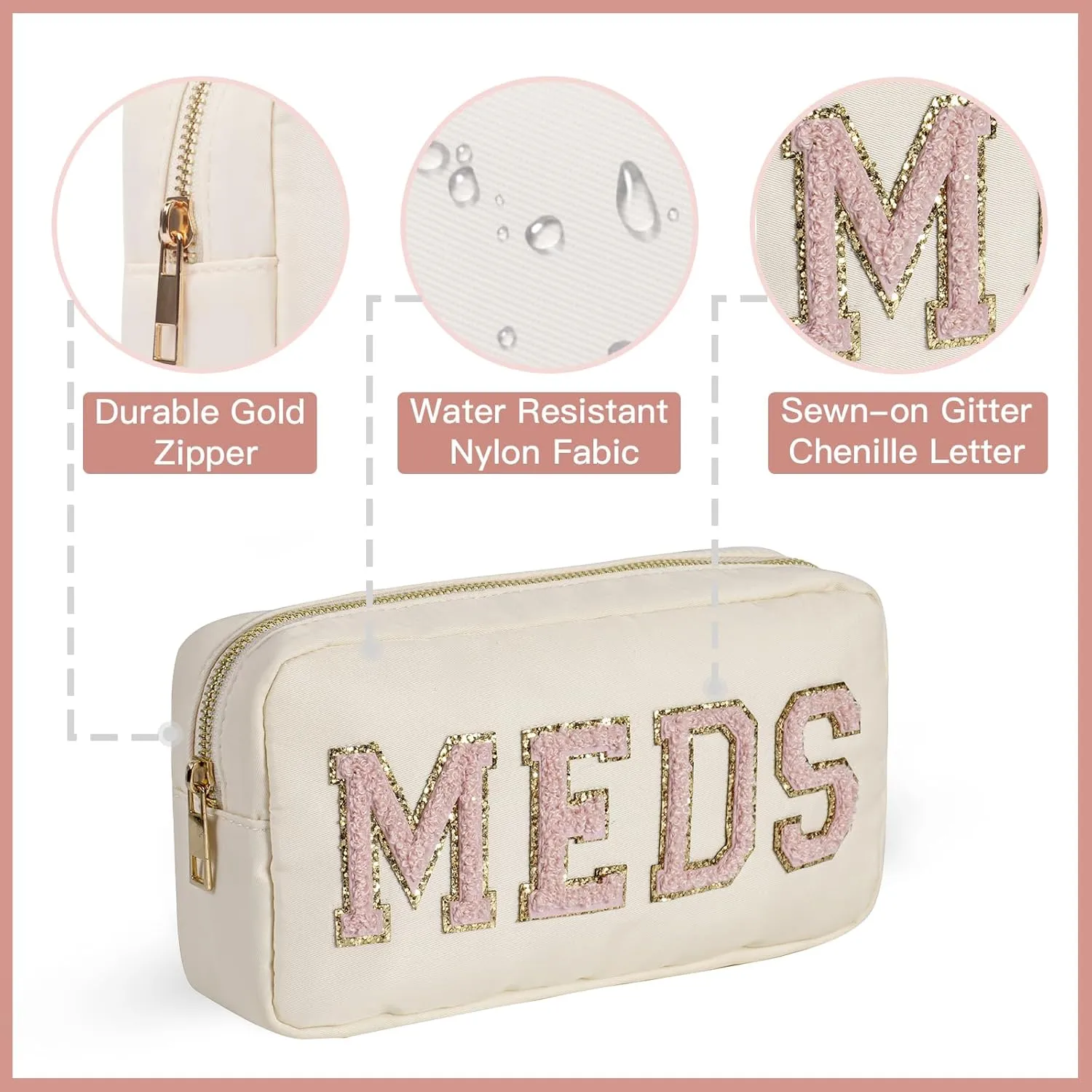 uekeboag Personalized Chenille Letter Patch MEDS Bag,Cute Nylon Drug Medicine Travel Makeup Bag with Zipper, Preppy Vitamin Organizer Bag for Women and Girls (02Beige-Pink)