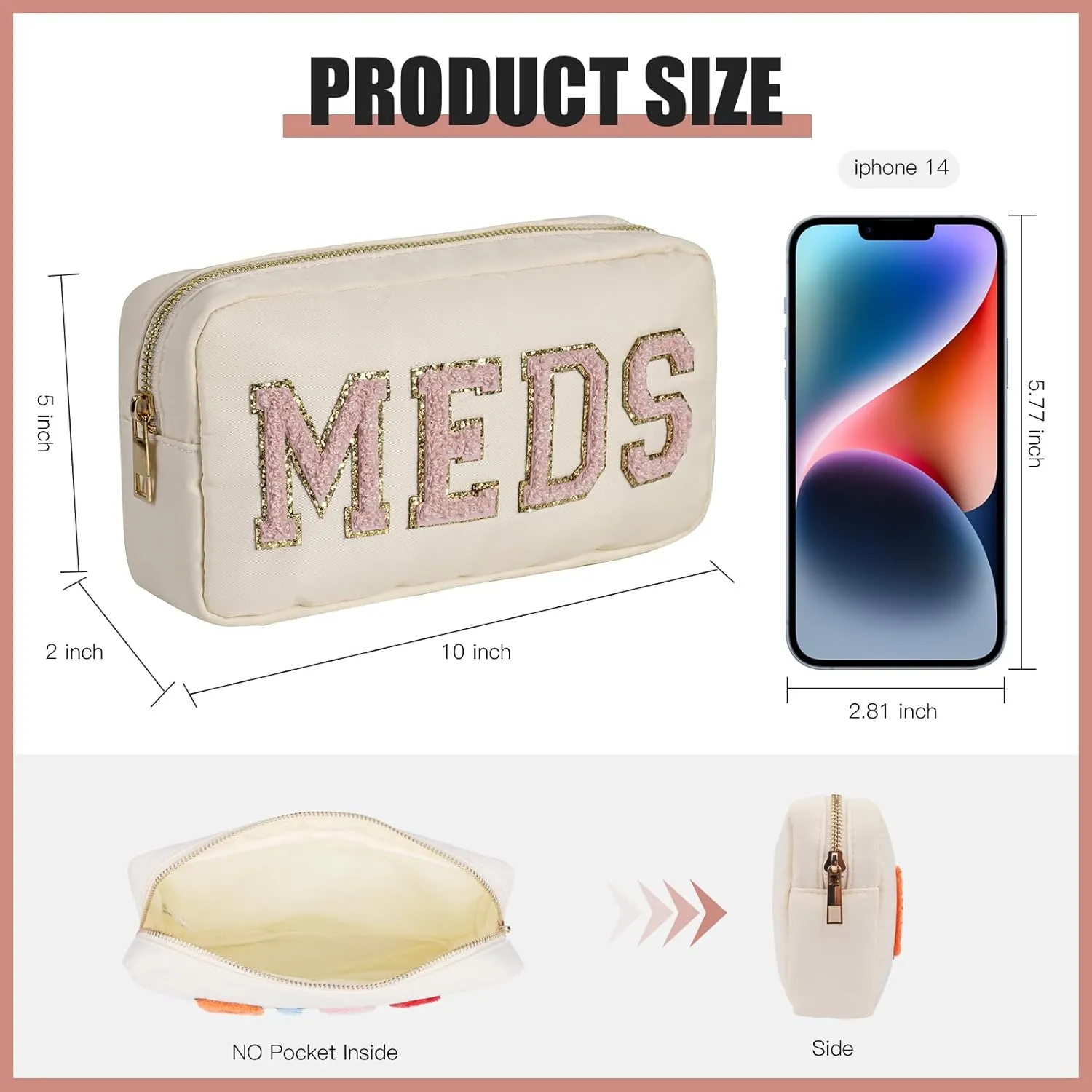 uekeboag Personalized Chenille Letter Patch MEDS Bag,Cute Nylon Drug Medicine Travel Makeup Bag with Zipper, Preppy Vitamin Organizer Bag for Women and Girls (02Beige-Pink)